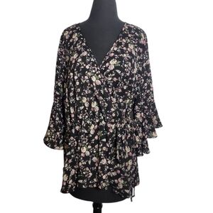 everleigh women's floral print v neck faux wrap top with bell sleeve size large